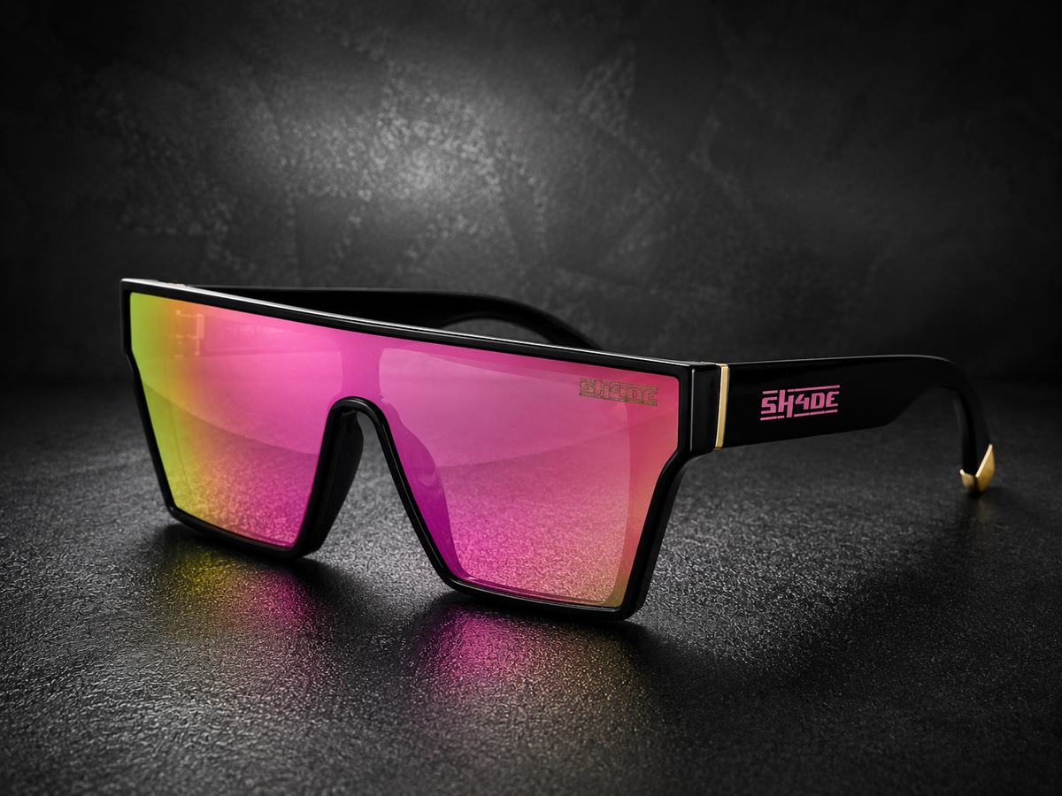 N0VA LUX sunglasses - black frame with gold accent and pink mirror lens