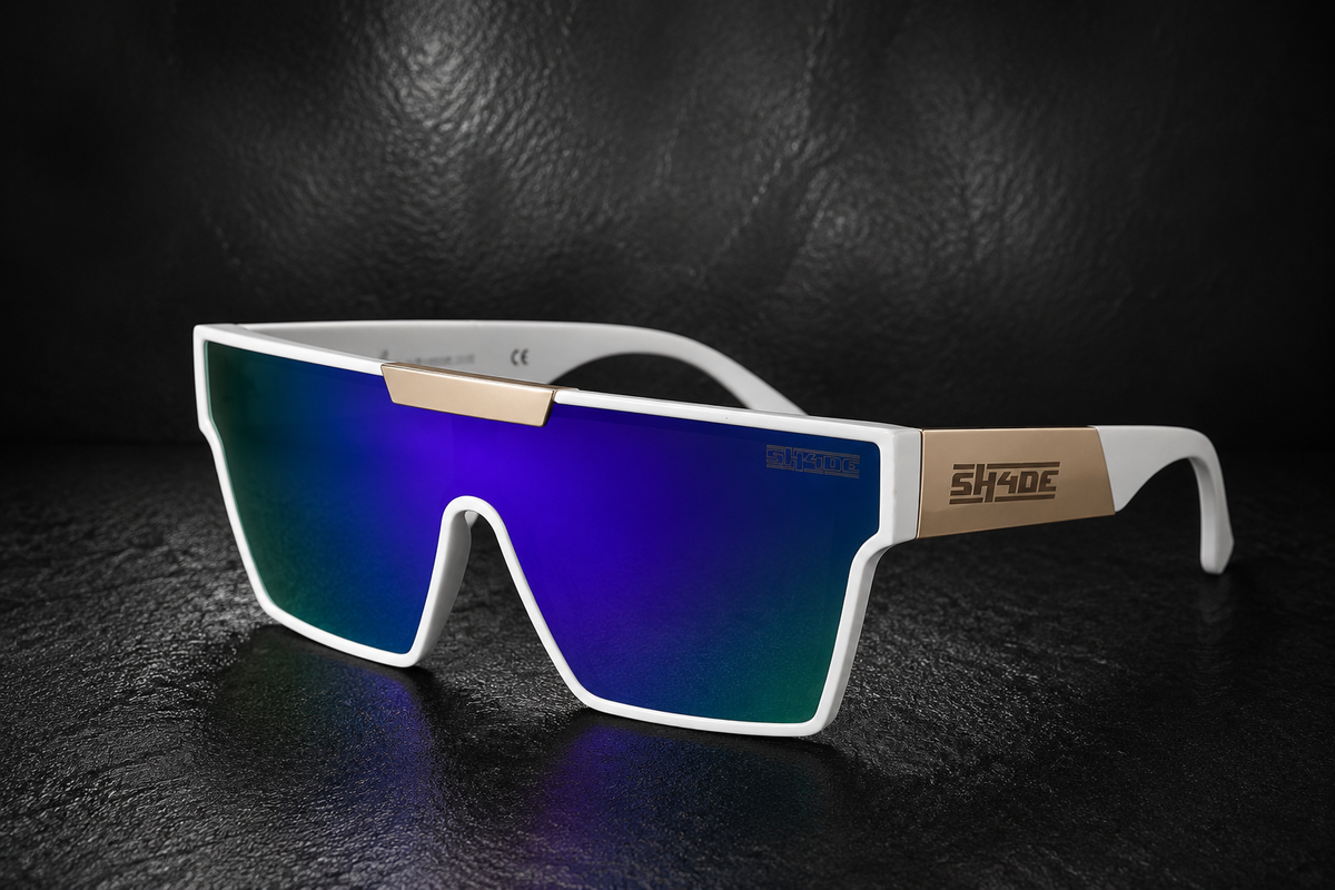 N0VA AURUM sunglasses - white frame with gold arms and blue purple mirror lens
